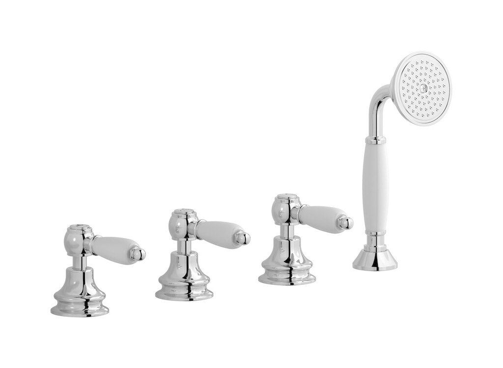 Смеситель на бортик ванной на 4 отверстия с изливом, дивертером и душевым гарнитуром. WE ARE IB hl397cc_2 Chrome Hermes