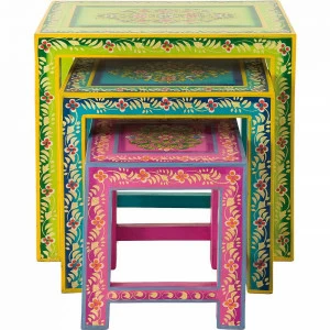 Приставной столик деревянный расписной разноцветный Ibiza Life, 3 штуки KARE IBIZA 322885 Зеленый;розовый