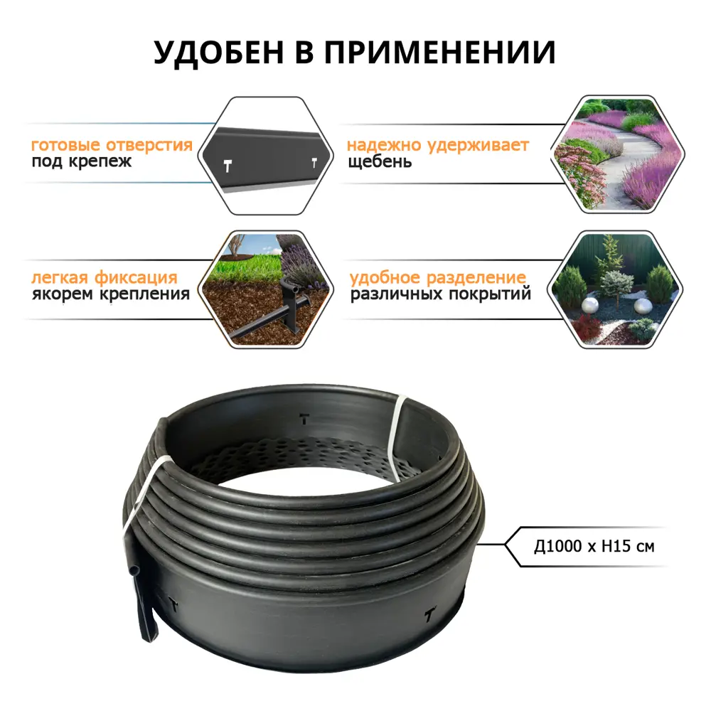 Бордюрная лента Gidrolica 1000 см h15 см цвет черный Santreyd STLM-2063587 - Вид №1