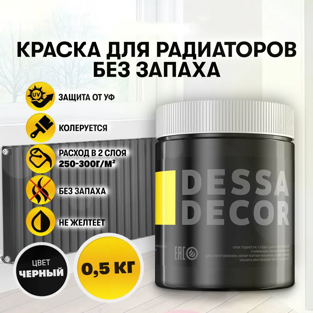 91473049 Краска для радиаторов отопления и батарей Dessa Decor быстросохнущая без запаха полуматовая цвет черный 0.40 л STLM-0854242