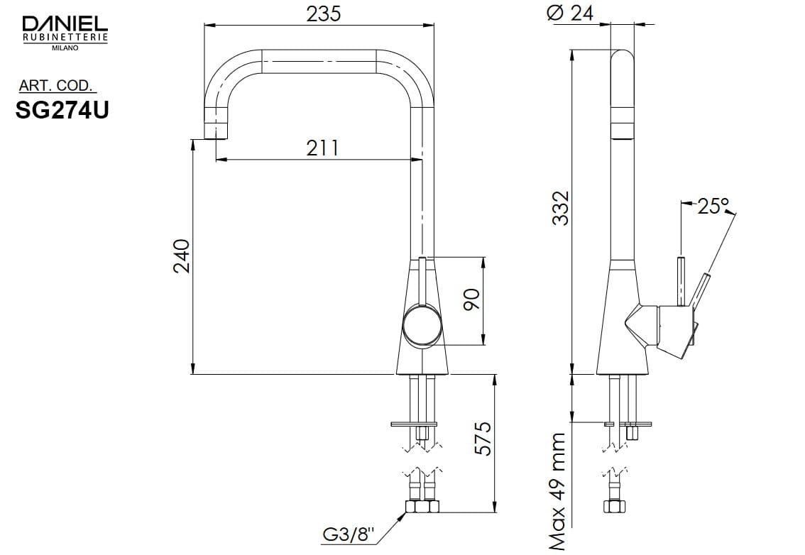 Однорычажный смеситель для кухни с поворотным изливом Daniel Rubinetterie дизайн ARCH-00080273 - Вид №2