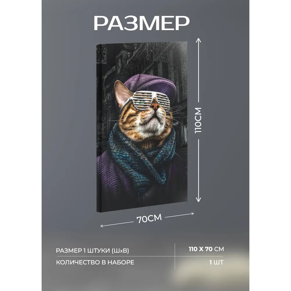 Картина на холсте Кот-хипстер 3 70x110 см FBRUSH STLM-2042667 - Вид №3