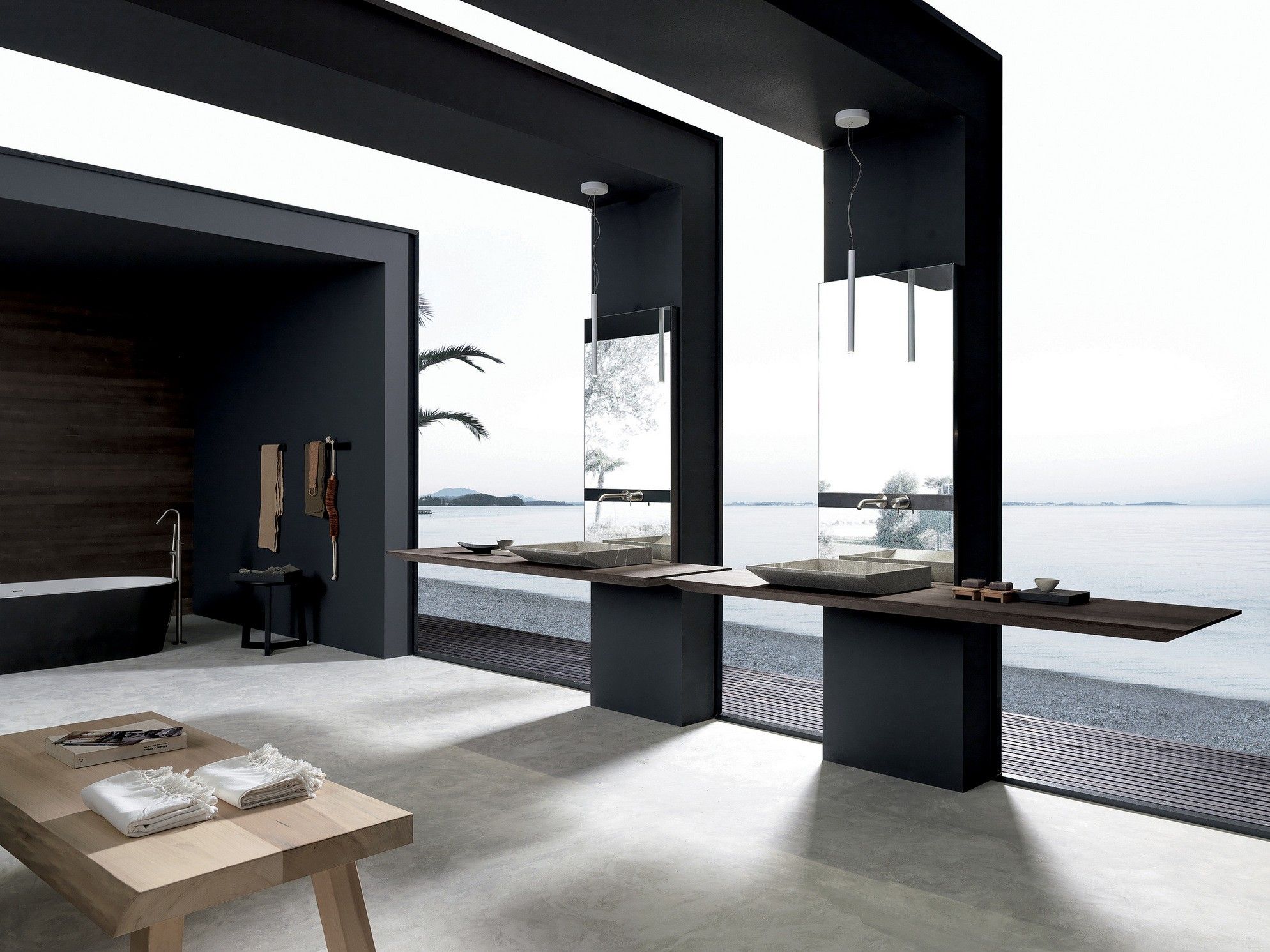 Двойной дубовый умывальник со встроенной раковиной с зеркалом MODULNOVA Surf ARCH-00133815