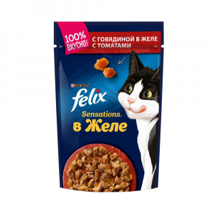 ПР0026299 Корм для кошек Sensations с говядиной в желе с томатами, пауч 85 г FELIX