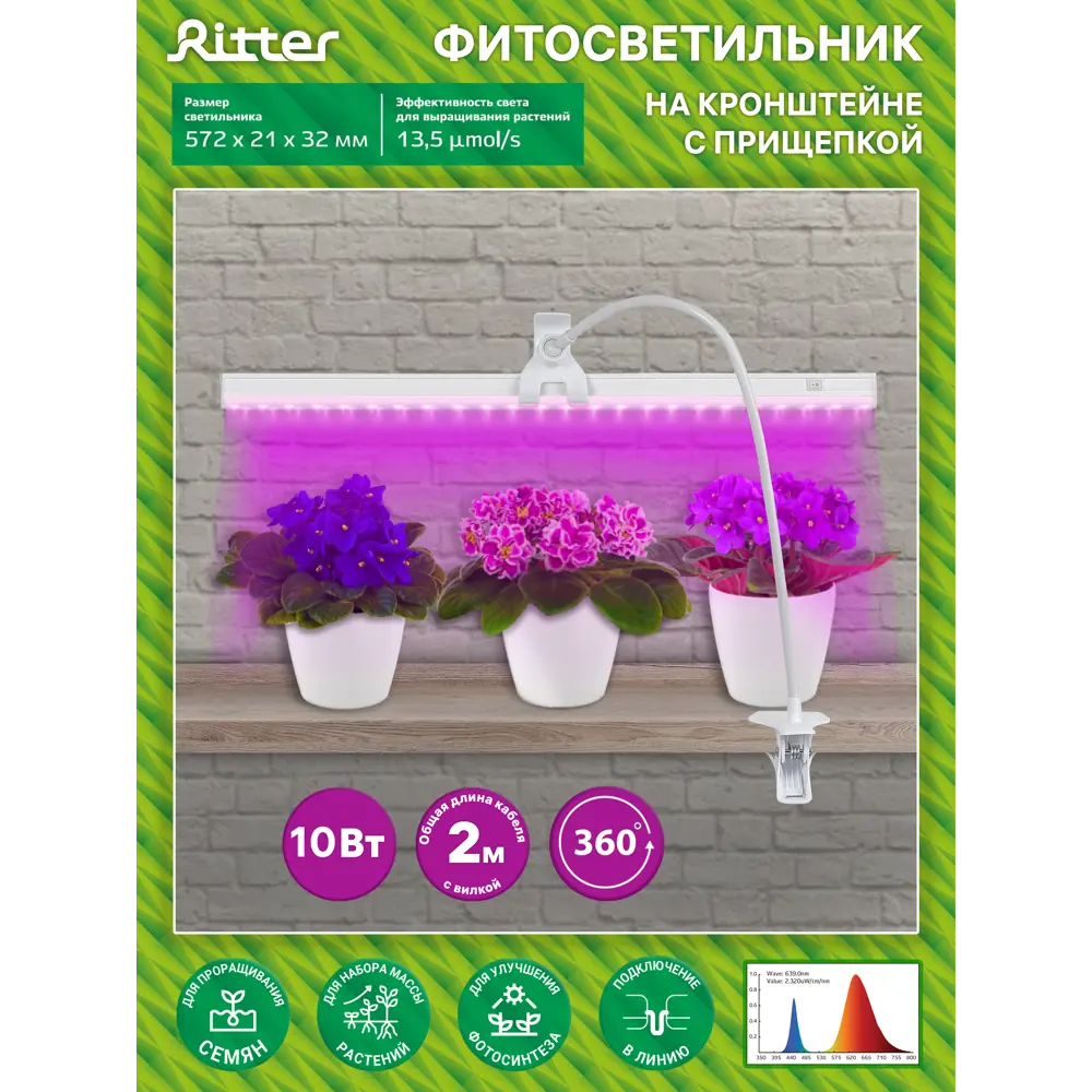 Фитосветильник линейный светодиодный Ritter 10 Вт 572 мм на кронштейне с прищепкой 56304 4  красно-синий спектр розовый свет STLM-2129954 - Вид №11