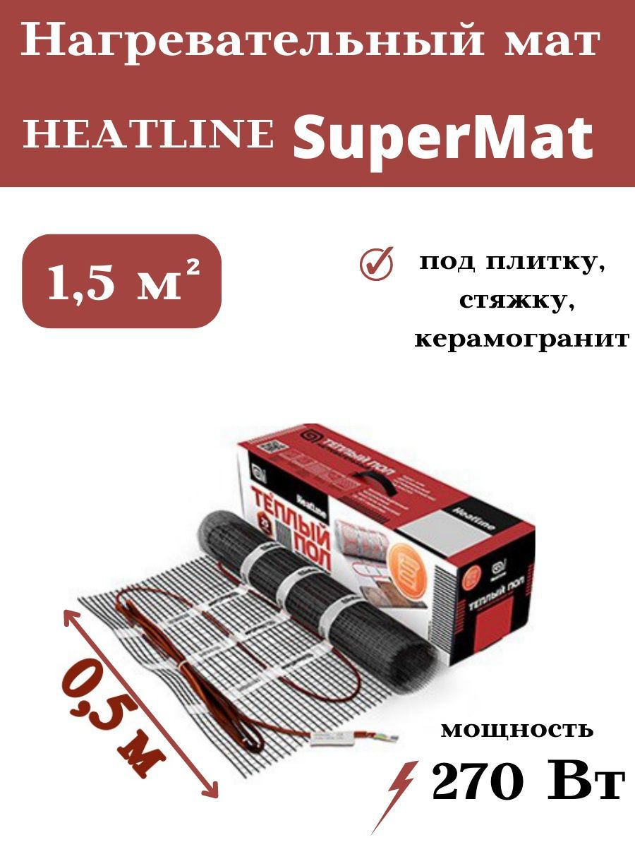 91009924 Нагревательный мат для теплого пола SuperMat 1.5 м² 270 Вт STLM-0438588 HEATLINE