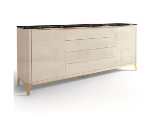 Деревянный шкаф с дверцами и ящиками и мраморной столешницей