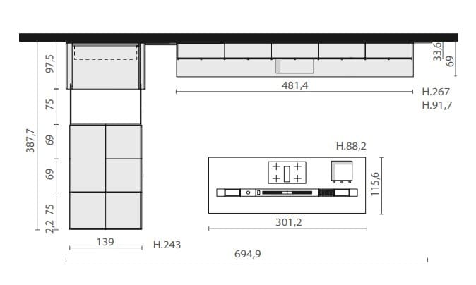 Встроенная кухня с островом без ручек Euromobil Telero ARCH-00134979 - Вид №3