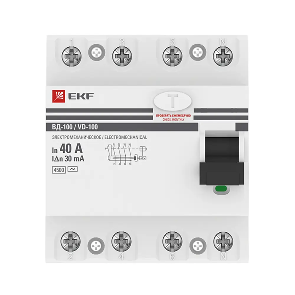 УЗО EKF ВД-100 4P 40 А 30 мА 4.5 кА АС elcb-4-40-30-em-pro STLM-2128170 - Вид №1