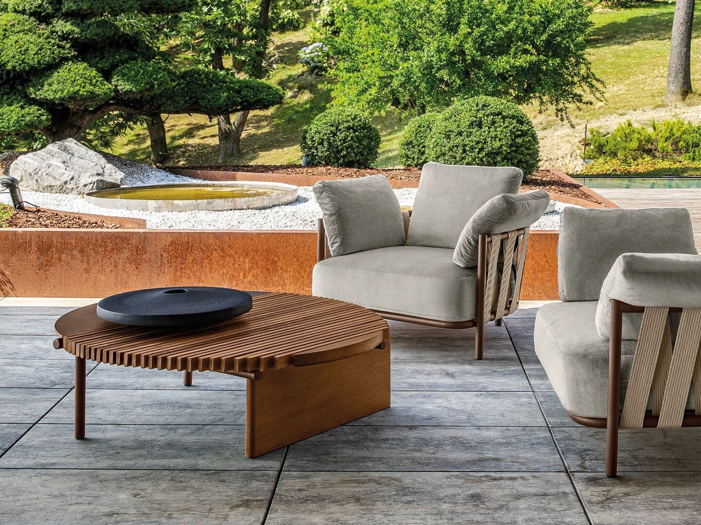 Стальной и деревянный низкий круглый садовый столик Arketipo TALAMONE ARCH-00043978 - Вид №3