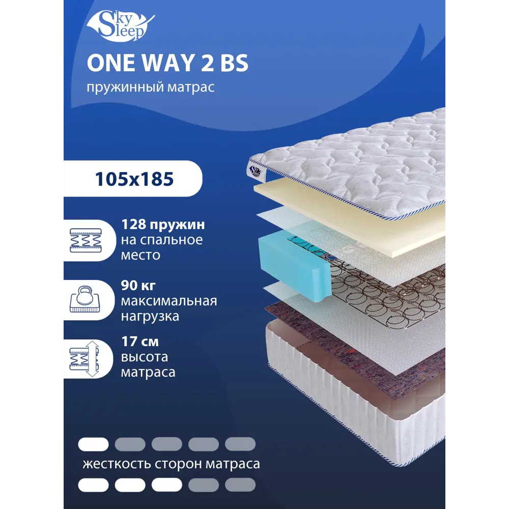 Матрас SkySleep ONE WAY 2 BS 105x185 см зависимый пружинный блок, полутораспальный, ортопедический