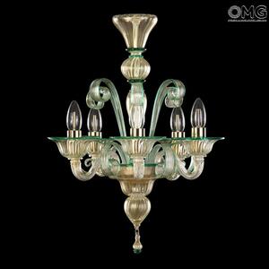 4187 ORIGINALMURANOGLASS Люстра Фиоретто на 5 лампочек - Золото+зелёная кайма - муранское стекло OMG 45 см