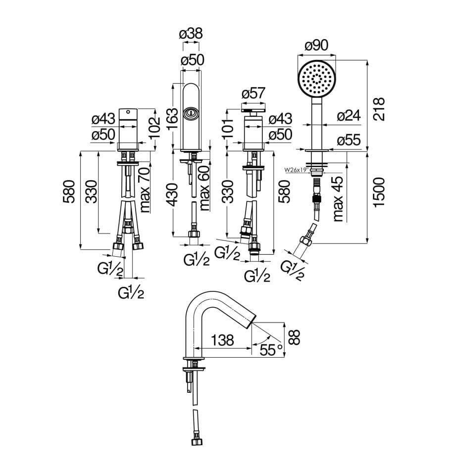 Однорычажный смеситель для ванны с ручным душем Nobili Солнце ARCH-00014012 - Вид №1