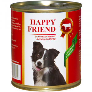 ПР0049102 Корм для собак для средних и крупных пород с говядиной и сердцем банка 750г HAPPY FRIEND