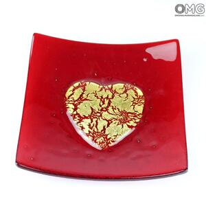 3066 ORIGINALMURANOGLASS Декоративное блюдце Золотое сердце - красное - Original Murano Glass OMG 15 см