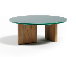 Круглый низкий садовый столик с тиковым основанием и столешницей из лавового камня