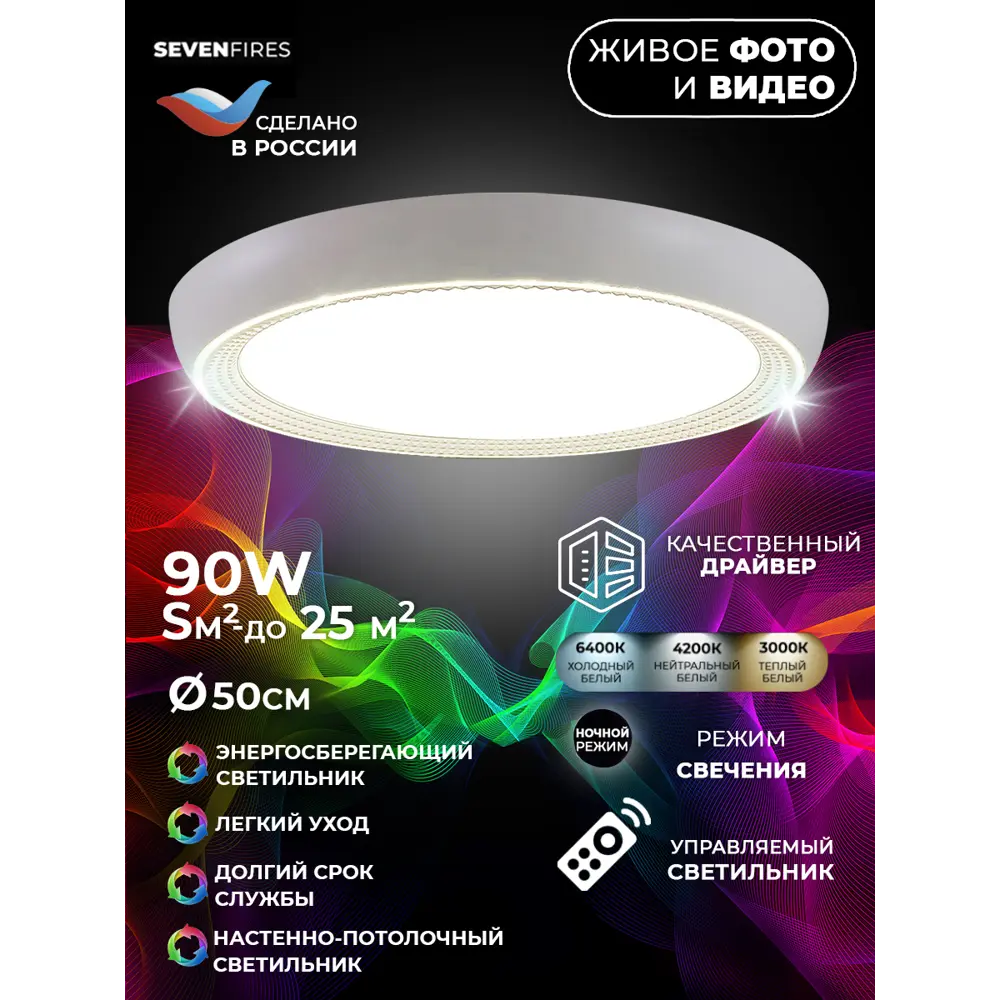 Светильник настенно-потолочный светодиодный влагозащищенный 48019.50.90.77CL 25 м² регулируемая яркость света цвет белый 85559721 STLM-2095850 СЕМЬ ОГНЕЙ  - Вид №11