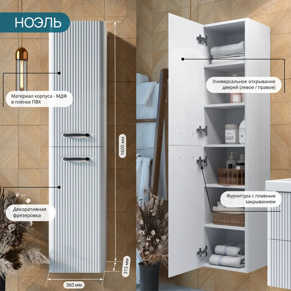 Шкаф-пенал для ванной комнаты Ноэль подвесной 160x36 см цвет белый софт матовый Santreyd STLM-2144871 - Вид №1
