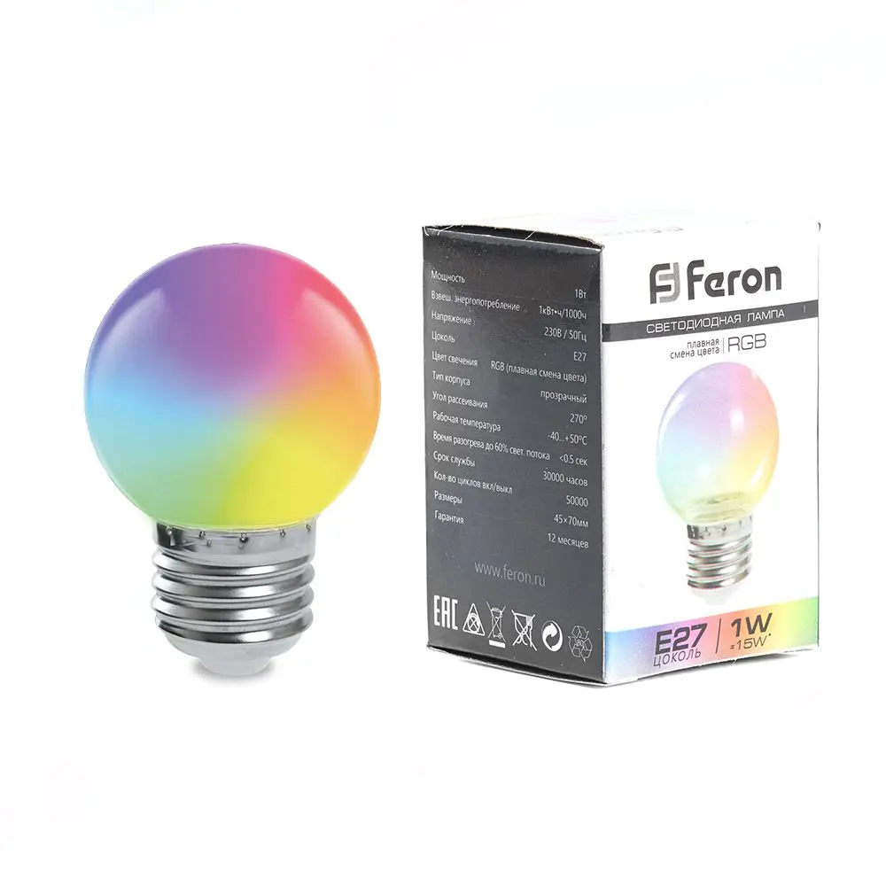 Лампа светодиодная Feron E27 LB-37 220 В 1 Вт шар регулируемый цвет света RGB STLM-2076525 - Вид №1