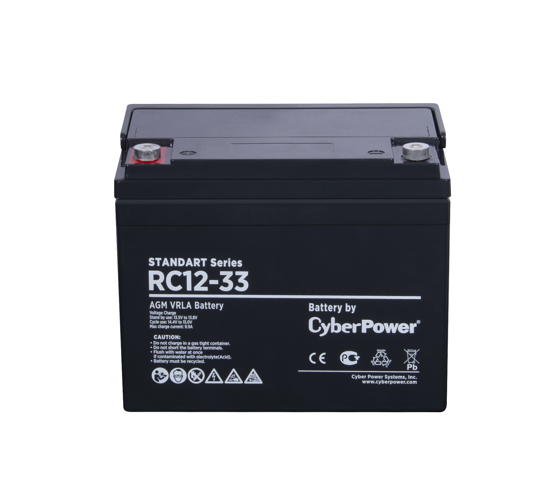 RC 12-33 Battery standart series rс 12-33, voltage 12v, capacity (discharge 20 h) 33ah, max. discharge current (5 sec) 330a, max. charge current 9.9a, lead-acid type agm, terminals under bolt m6, lxwxh 197x130x159mm., full height with terminals 170mm., we Santreyd 