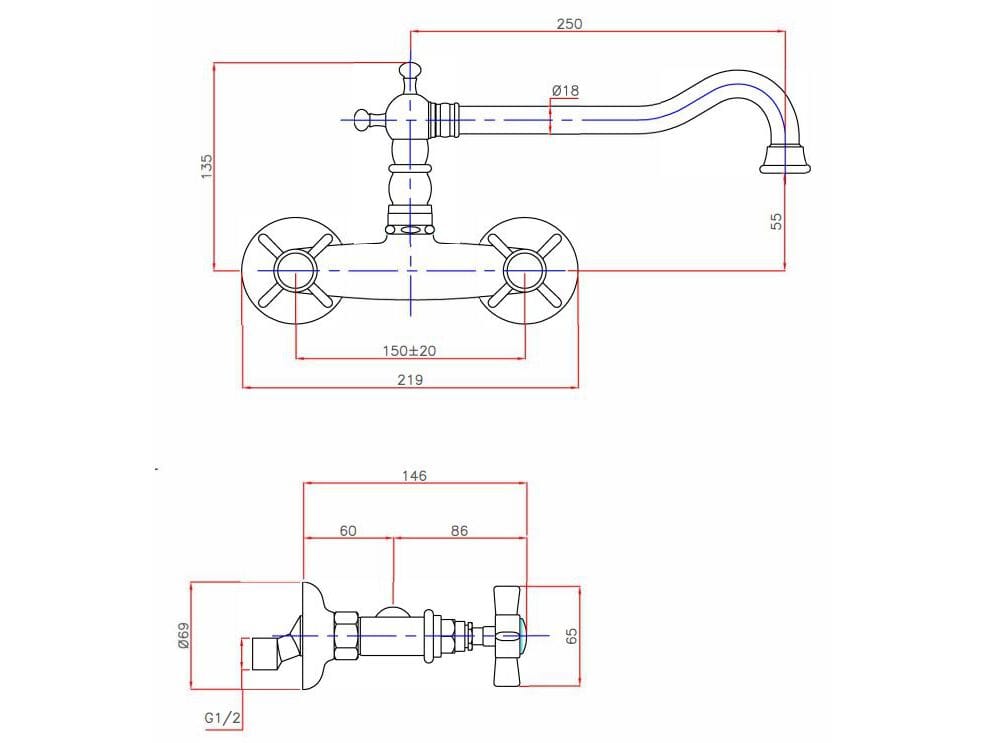 Хром латунь настенный кухонный кран Bugnatese PRINCETON ARCH-00104473 - Вид №2