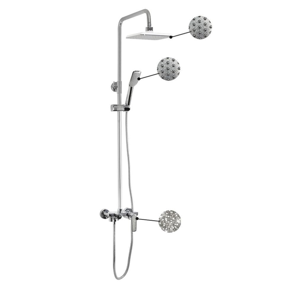 GFmark - Смеситель + стойка душевая "тропический душ" с двумя лейками, с АЛМАЗНОЙ КРОШКОЙ на ручке, код: 4875 