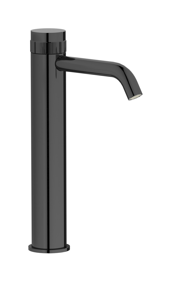 Высокий монорычажный прогрессивный смеситель на раковину в комплекте с донным клапаном. WE ARE IB rx202cf Black Chrome Reflex