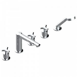 G9A-1132H Bath/shower set with high spout, 2 x 3/4" valves, rim mounted ceramic mixer tap with progressive cartridge & rim mounted handshower set Thg-paris System métal lisse Хром