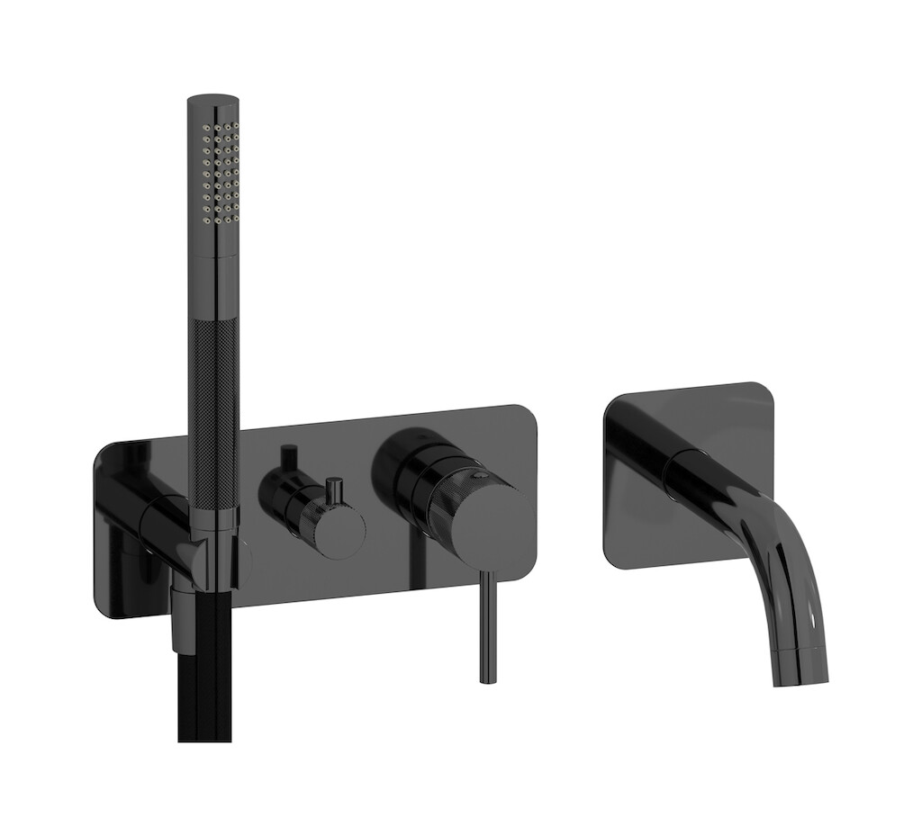 Настенный смеситель для ванной на 5 отверстий с дивертером и душевым гарнитуром. WE ARE IB id398cf Black Chrome Industria