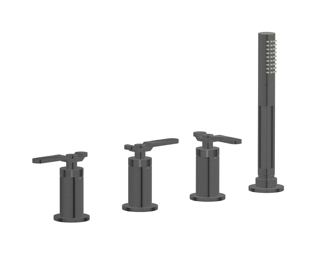 Смеситель на бортик ванной на 4 отверстия с изливом, дивертером и душевым гарнитуром. WE ARE IB b2397cs Brushed Black Chrome Bold