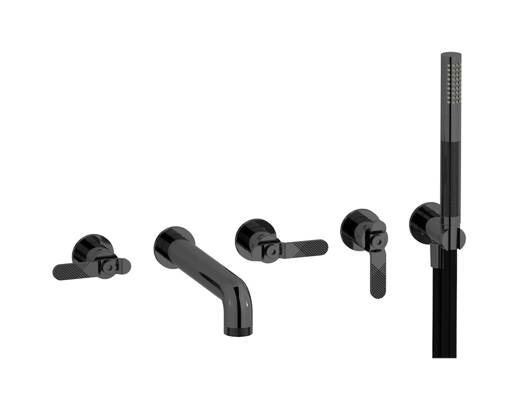 Настенный смеситель для ванной на 5 отверстий с дивертером и душевым гарнитуром. WE ARE IB b2398cf Black Chrome Bold