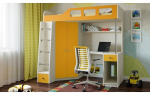 58696D Детская кровать-чердак Астра-7, дуб молочный / оранжевый РВ-мебель
