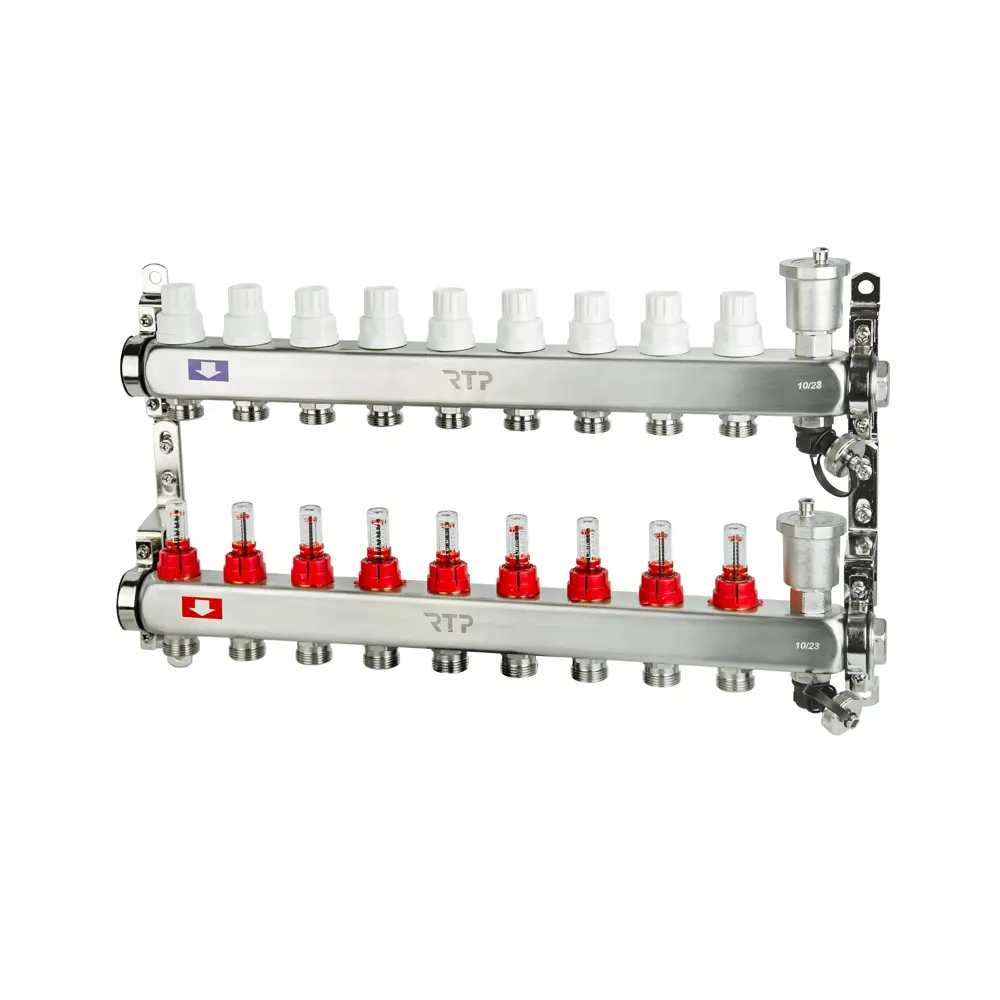 Коллекторная группа для теплого пола RTP 1"х3/4" евроконус 9 выходов нержавеющая сталь STLM-2009559