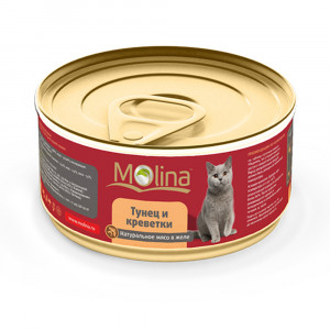 ПР0019431 Корм для кошек Тунец с креветками в желе банка 80г Molina