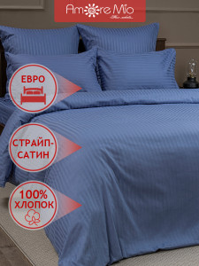 90737704 Комплект постельного белья евро страйп-сатин Galaxy синий STLM-0361935 AMORE MIO