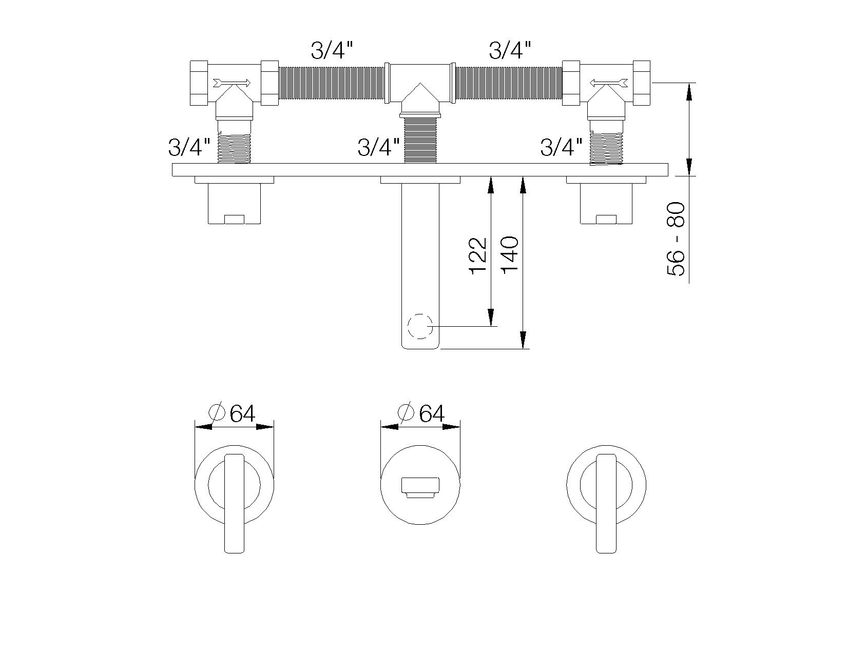 Настенный смеситель для раковины с 3 отверстиями rvb ARCH-00124230 - Вид №2