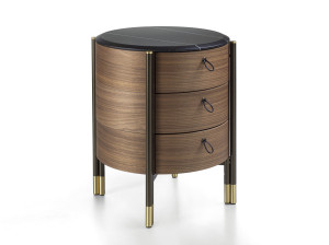 Круглая тумбочка из мрамора и грецкого ореха с ящиками