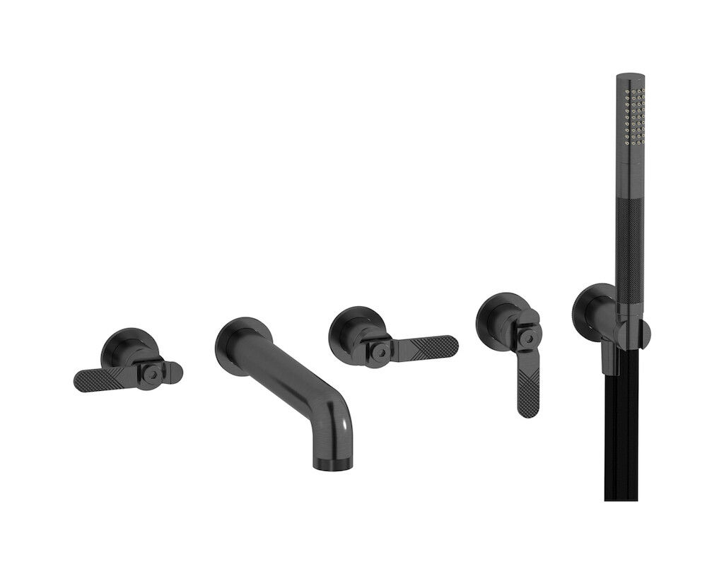 Настенный смеситель для ванной на 5 отверстий с дивертером и душевым гарнитуром. WE ARE IB b2398cs Brushed Black Chrome Bold