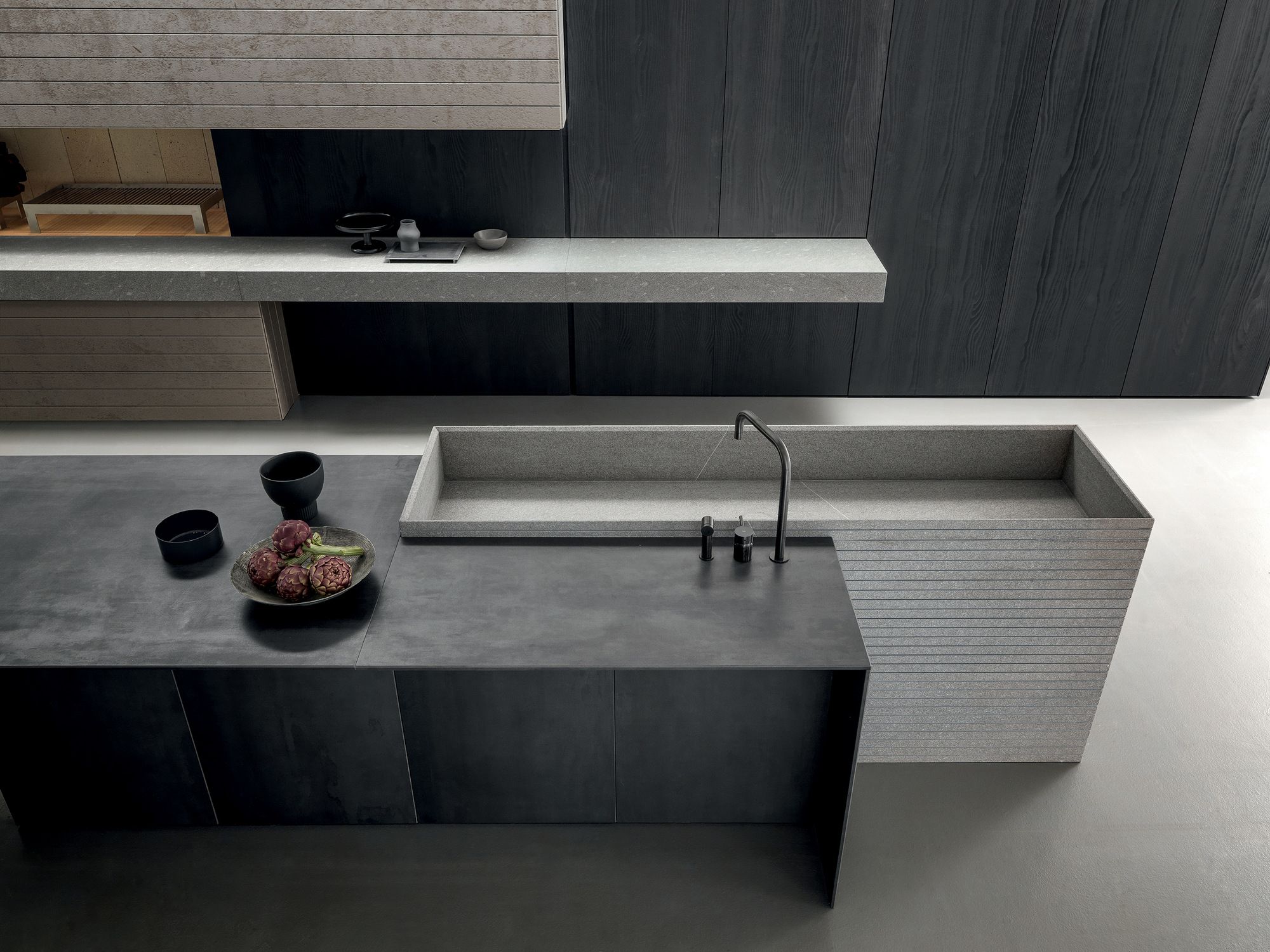 Кухня с каменным островом piasentina, керамогранитом black и кедром MODULNOVA Blade ARCH-00048576 - Вид №1