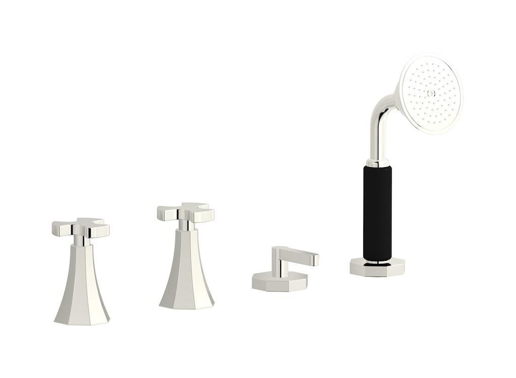 Смеситель на бортик ванной на 4 отверстия с изливом, дивертером и душевым гарнитуром. WE ARE IB bt397pl Platinum Belmondo 
