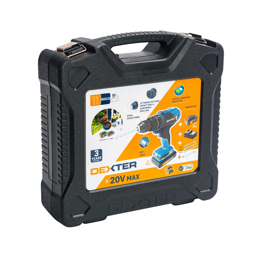 Бесщеточная беспроводная ударная дрель Dexter 5 20 В Li-ion, 1x2.5 Ач, 5 Ач STLM-2095228 - Вид №1