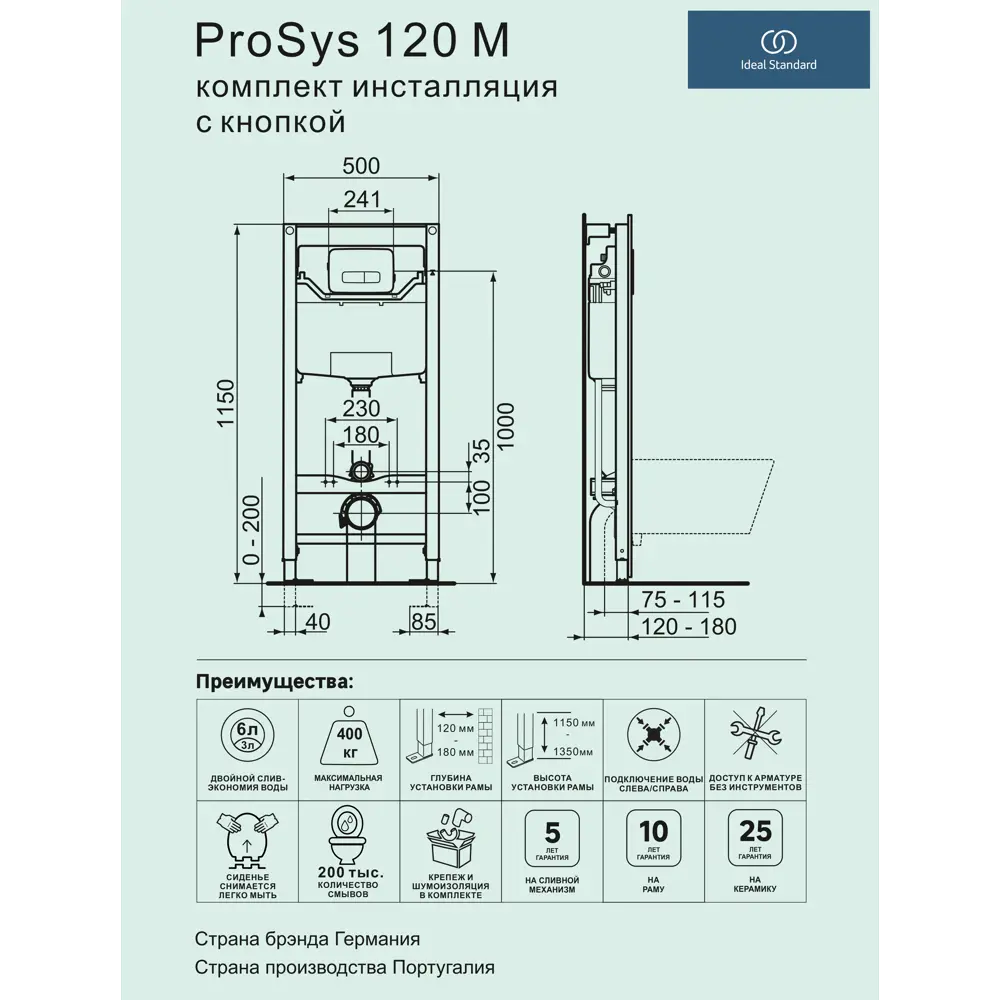 Инсталляция для подвесного унитаза Ideal Standard ProSys 120 M с кнопкой STLM-2191448 - Вид №4