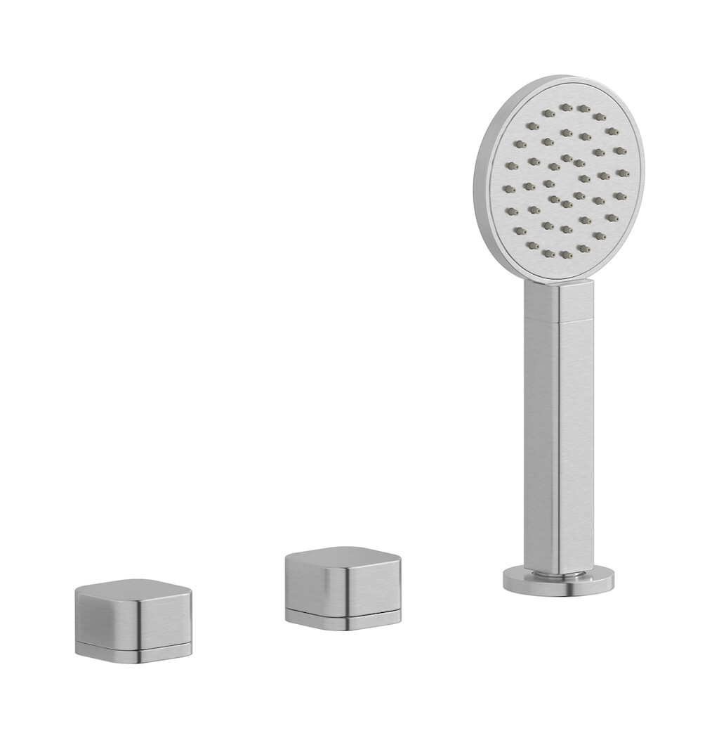 Смеситель на бортик ванной на 3 отверстия с изливом, дивертером и душевым гарнитуром. WE ARE IB eo397ss_1 Brushed Nickel Elio