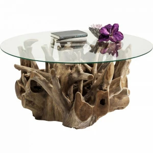 Журнальный столик стеклянный с фигурным основанием 100 см Roots KARE ROOTS 322940 Коричневый;прозрачный