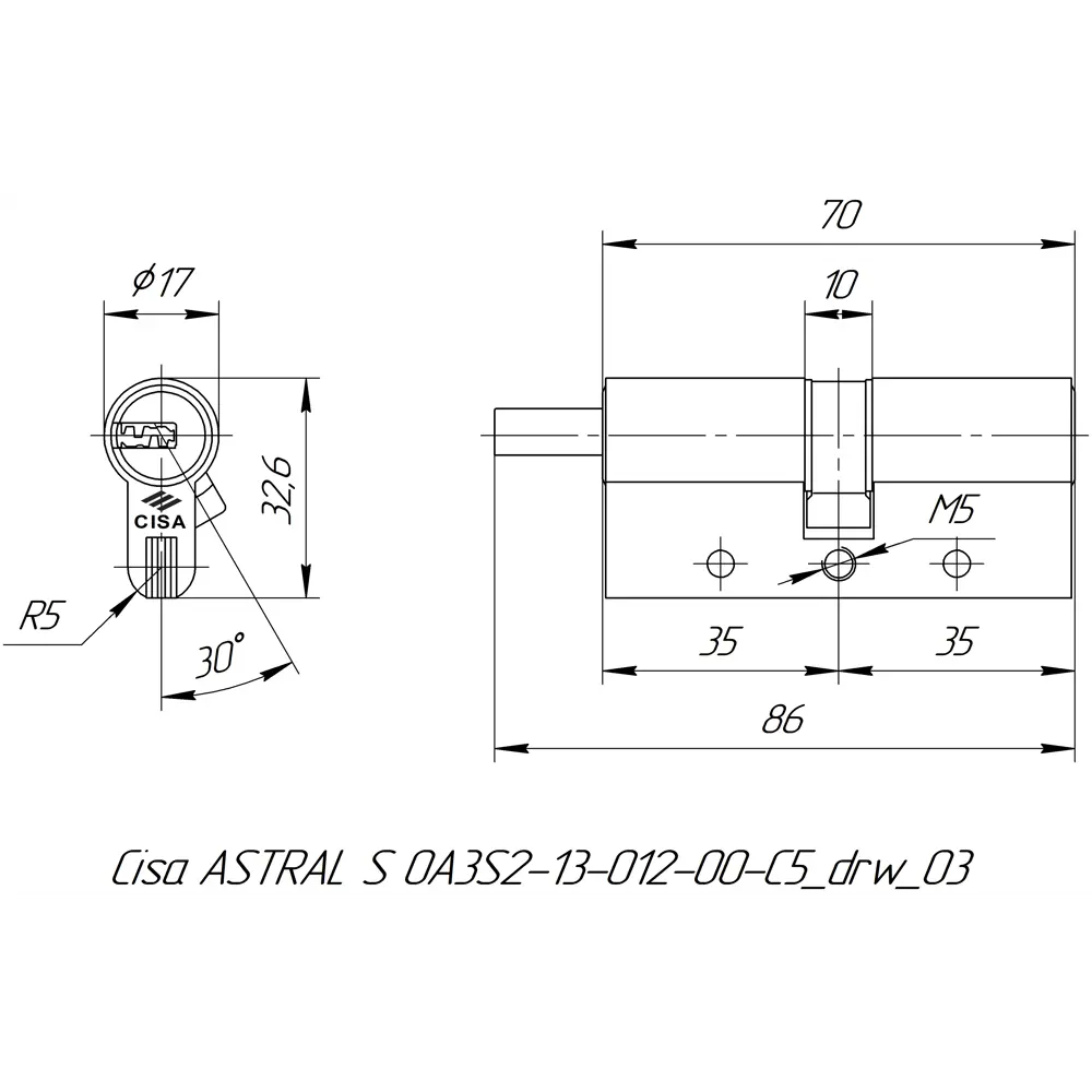 Цилиндр Cisa Astral S ОА3S2-85.12, 40x10x30 мм, ключ/шток, цвет никель, без вертушки STLM-2099033 - Вид №4