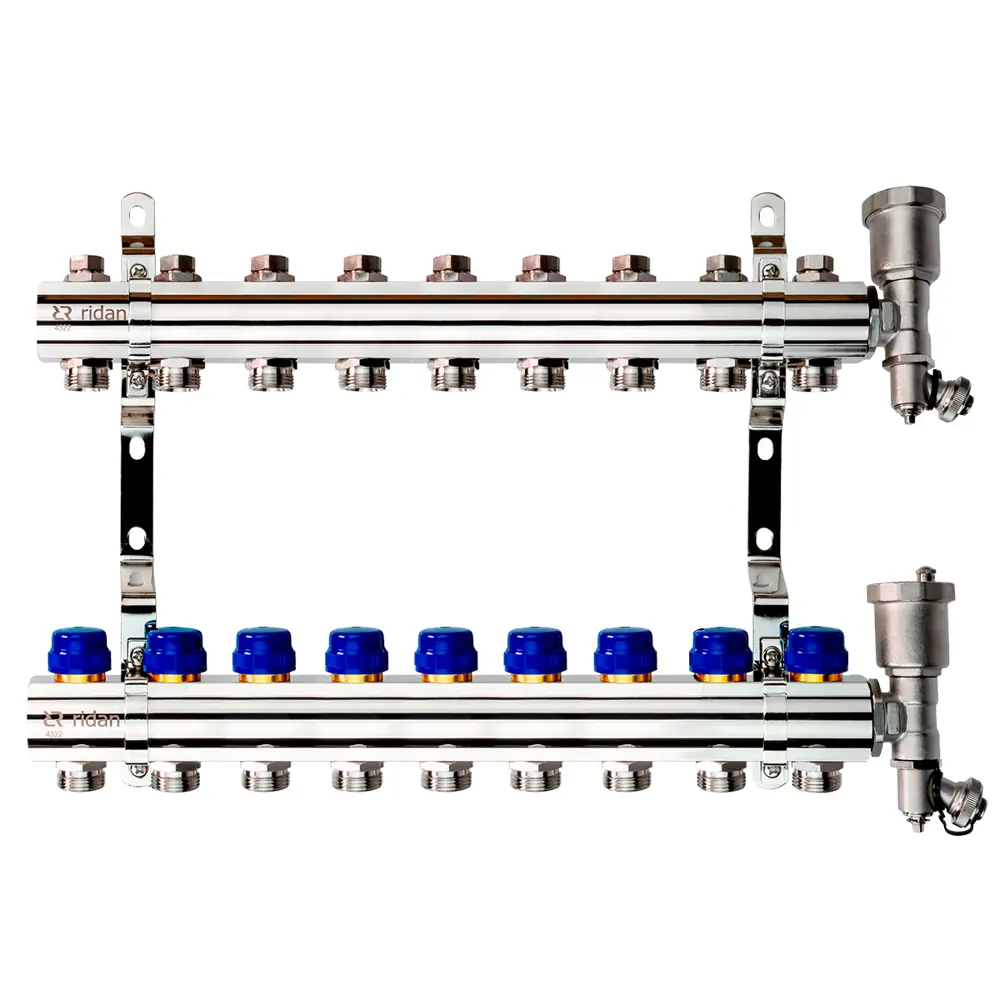 Коллектор Ридан на 9 выходов 1"x3/4" с кронштейнами и воздухоотводчиками латунь