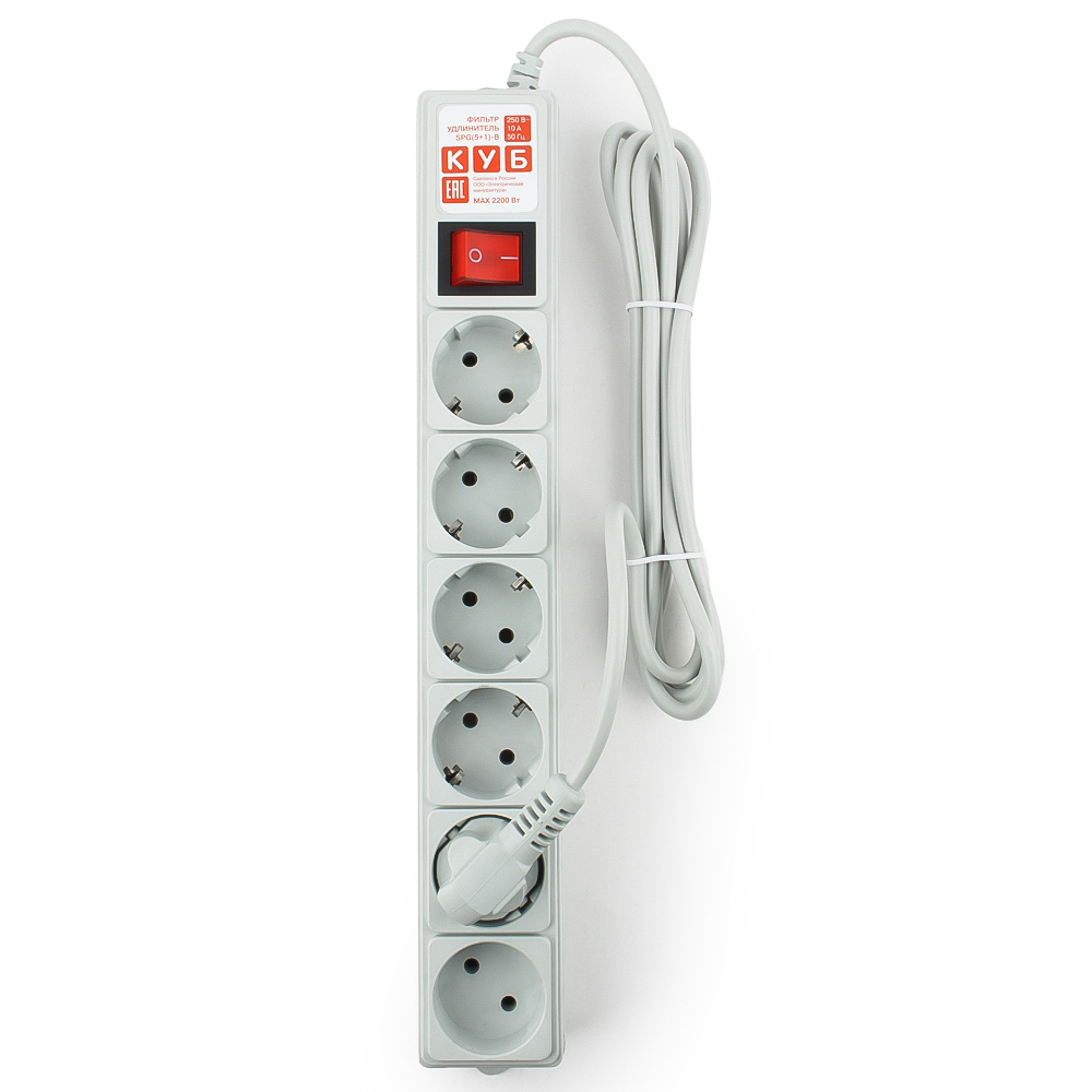 SPG(5+1)-B-6 Surge protector power cube 1.9 m 6 outlets (gray) 10a / 2.2kw Электрическая мануфактура Santreyd  - Вид №2