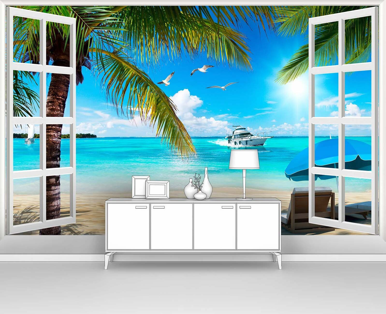 91013215 Фотообои флизелиновые 400х250 см Пляж с пальмами в открытом окне STLM-0440768 ПЕРВОЕ АТЕЛЬЕ