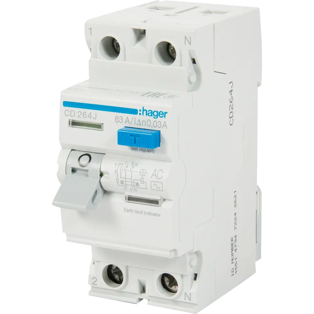 УЗО Hager CD264J 1P N 63 A 30 мА 6 кА AC STLM-2159858
