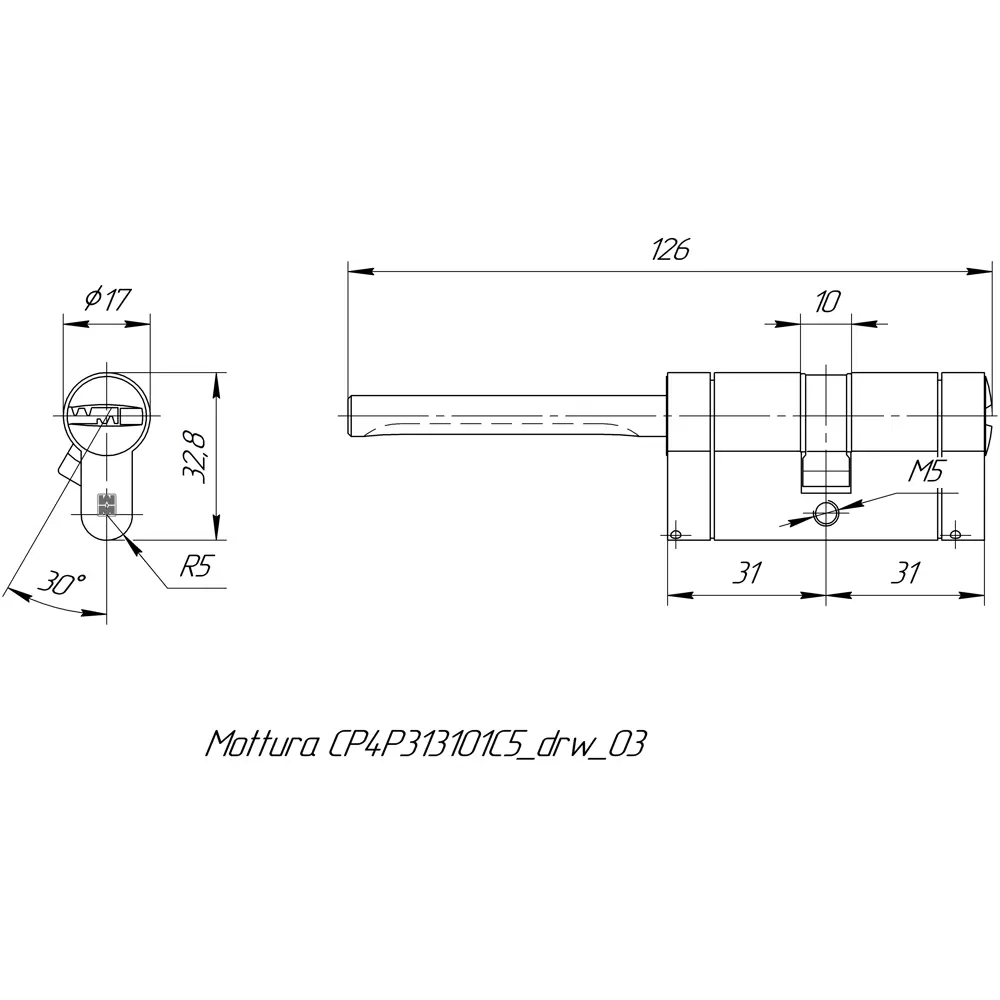 Цилиндр Mottura Champions Pro CP4P313101C5, 26x10x26 мм, ключ/шток, цвет матовый никель, без вертушки STLM-2123499 - Вид №4